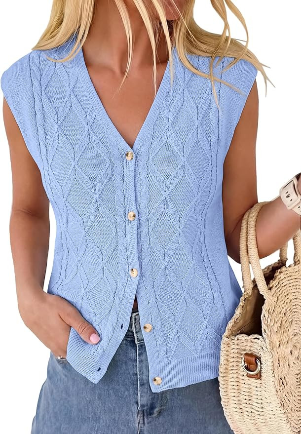 BTFBM Vest Tops for Women Summer V Neck Button Loose Lightweight Cardigan Knit Sleeveless Sweater... | Amazon (US)