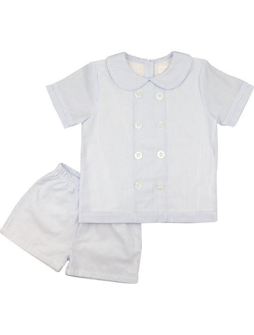 Blue Seersucker Double Breasted Short Set - Shipping Late June | Cecil and Lou