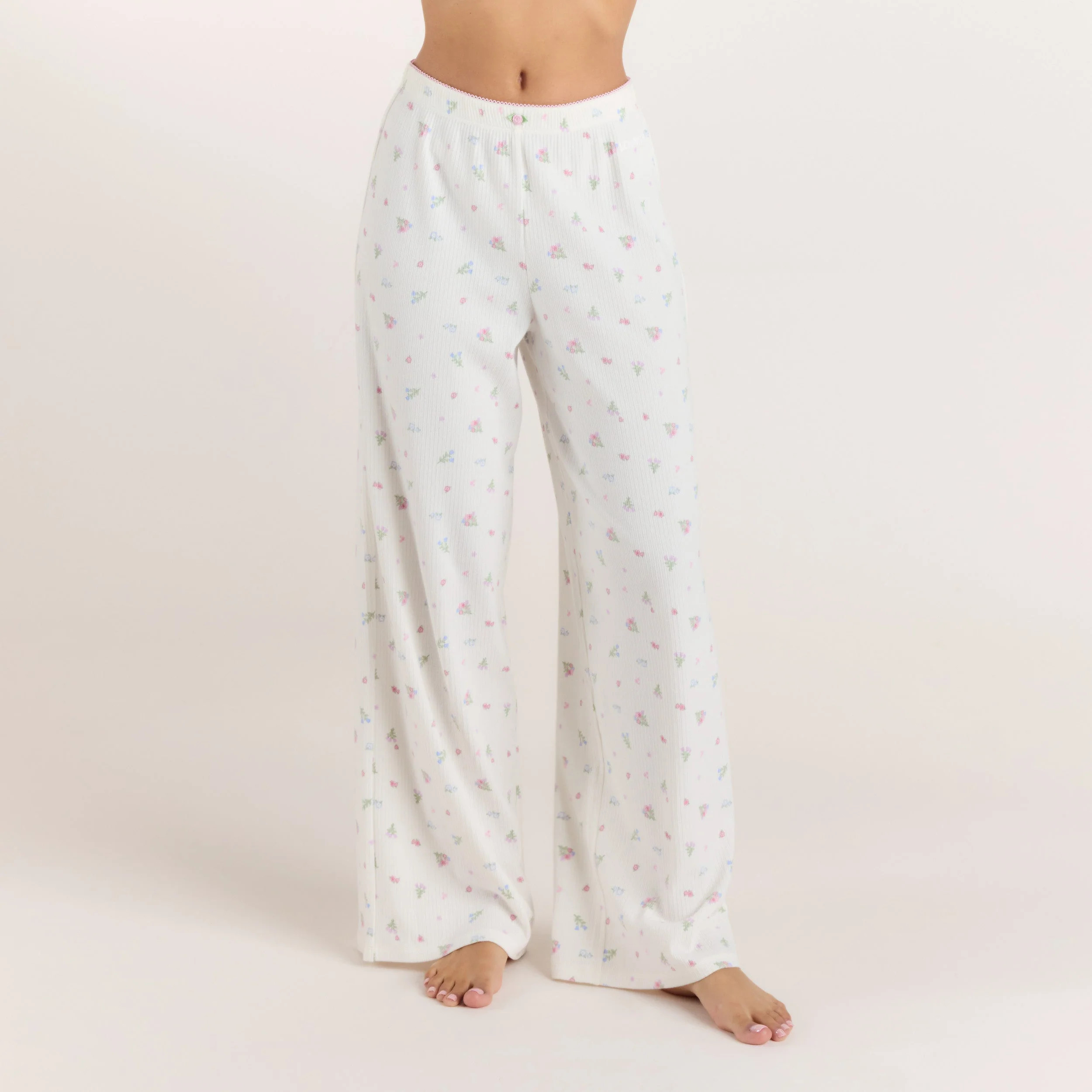 Ribbed Pyjama Bottoms - White Floral | Lounge (UK)