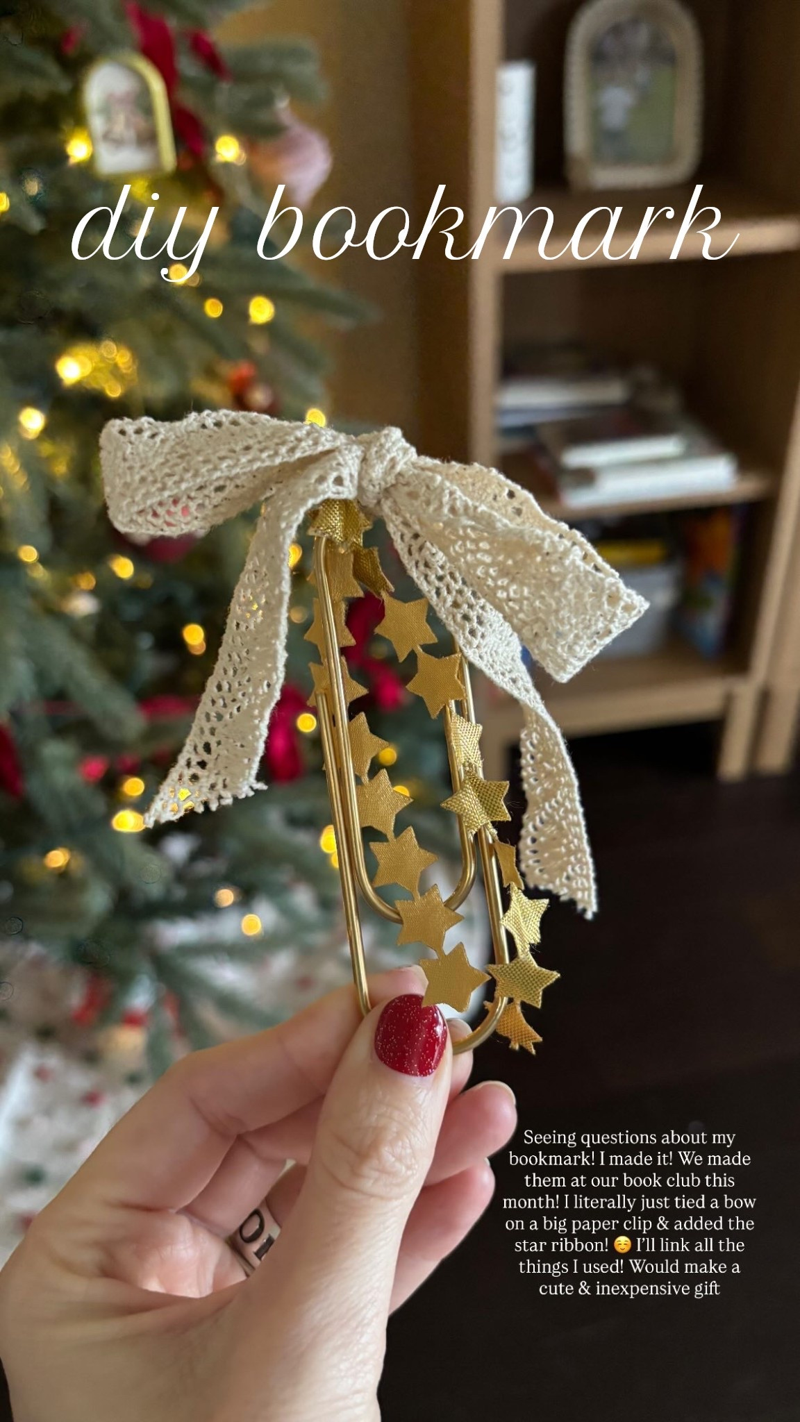 Seeing questions about my bookmark! I made it! We made them at our book club this month! I literally just tied a bow on a big paper clip & added the star ribbon! ☺️ I’ll link all the things I used! Would make a cute & inexpensive gift!

**ps: hot glue the ribbons to the paperclip to stay better!

#diygifts #bookishcrafts #bookishgifts

#LTKHome #LTKHoliday #LTKGiftGuide