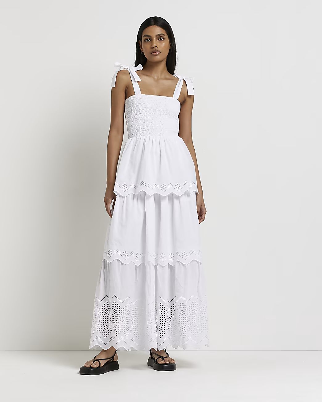River Island Womens White broderie smock maxi dress | River Island (UK & IE)