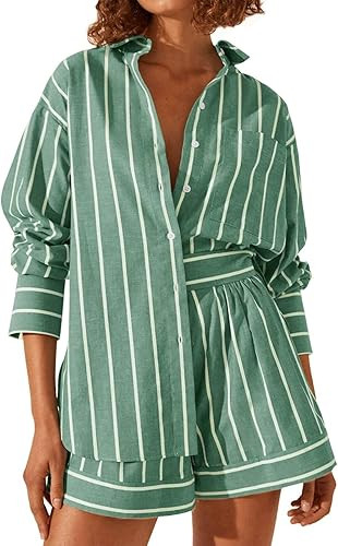 Tankaneo Womens 2 Piece Outfits Striped Long Sleeve Button Down Collared Shirt Matching Shorts Se... | Amazon (US)
