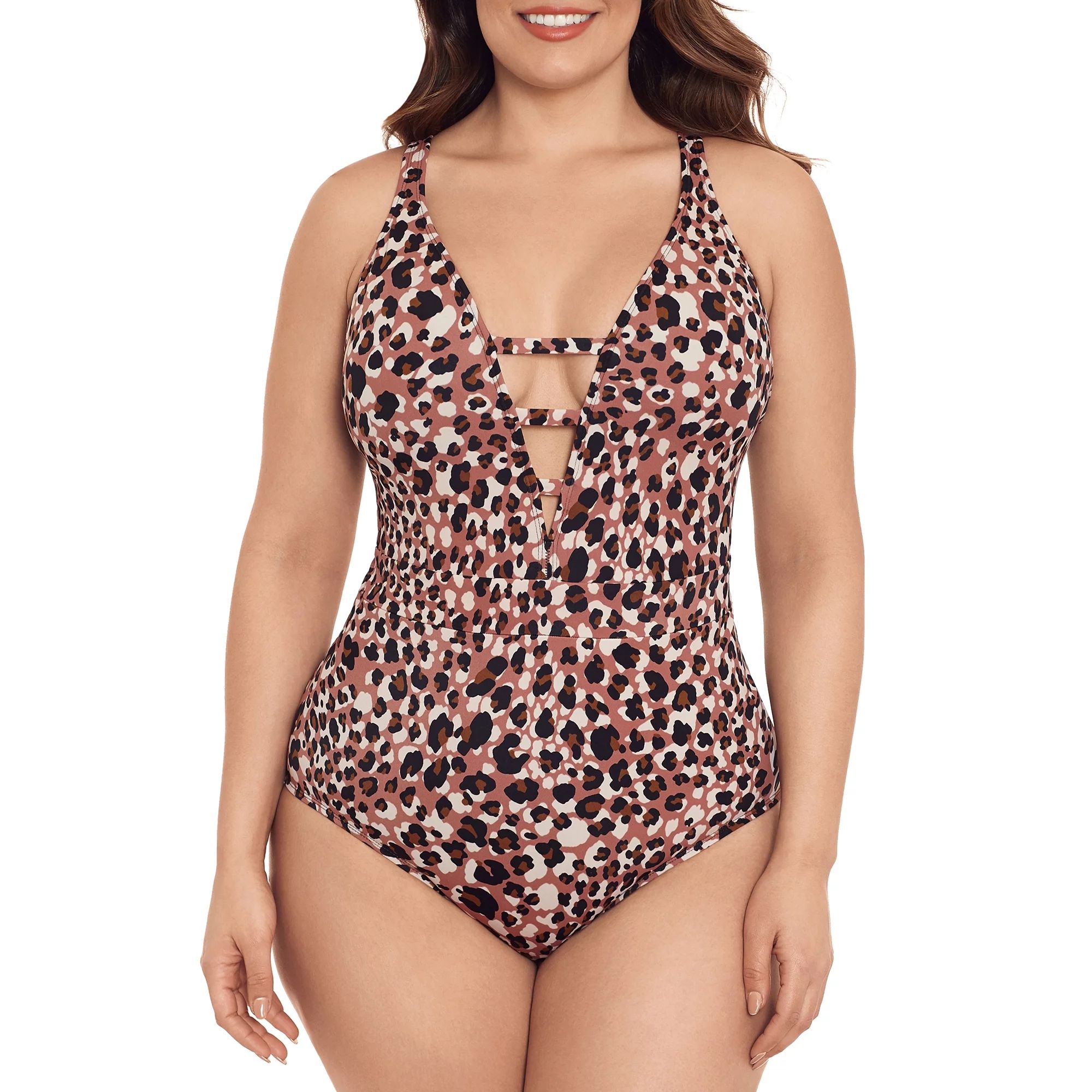Time and Tru Women's Plus Chocolate Leopard With Cut Out One Piece Swimsuit | Walmart (US)