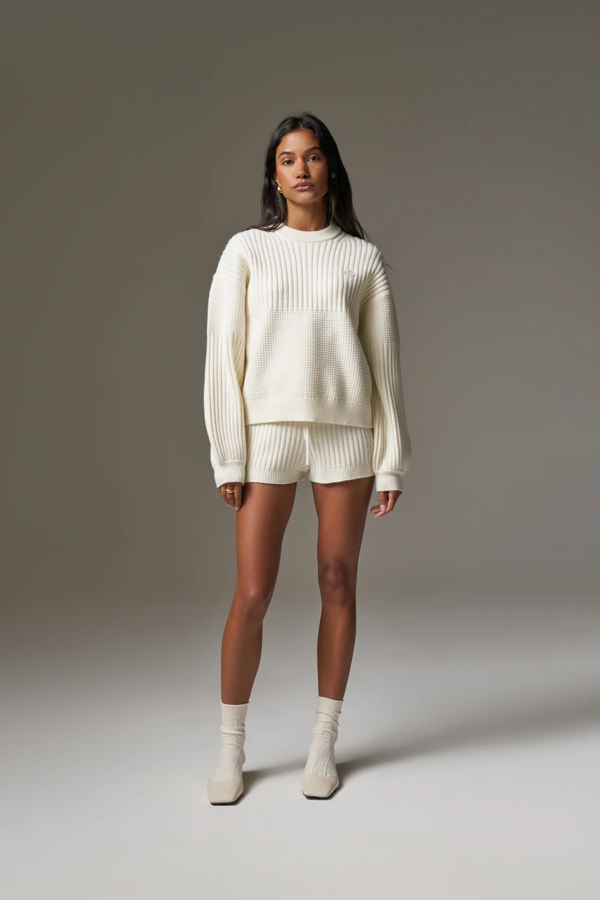 CONTRAST KNIT MINI SHORTS - ECRU | The Couture Club