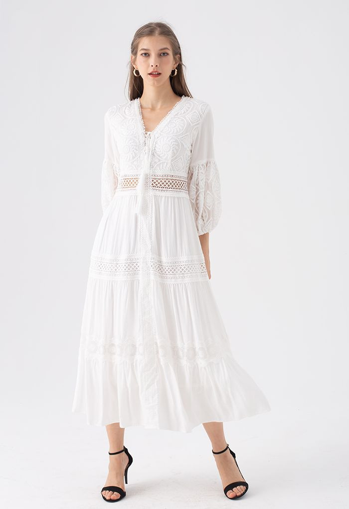 Sunflower Embroidered Lace-Up Front White Maxi Dress | Chicwish