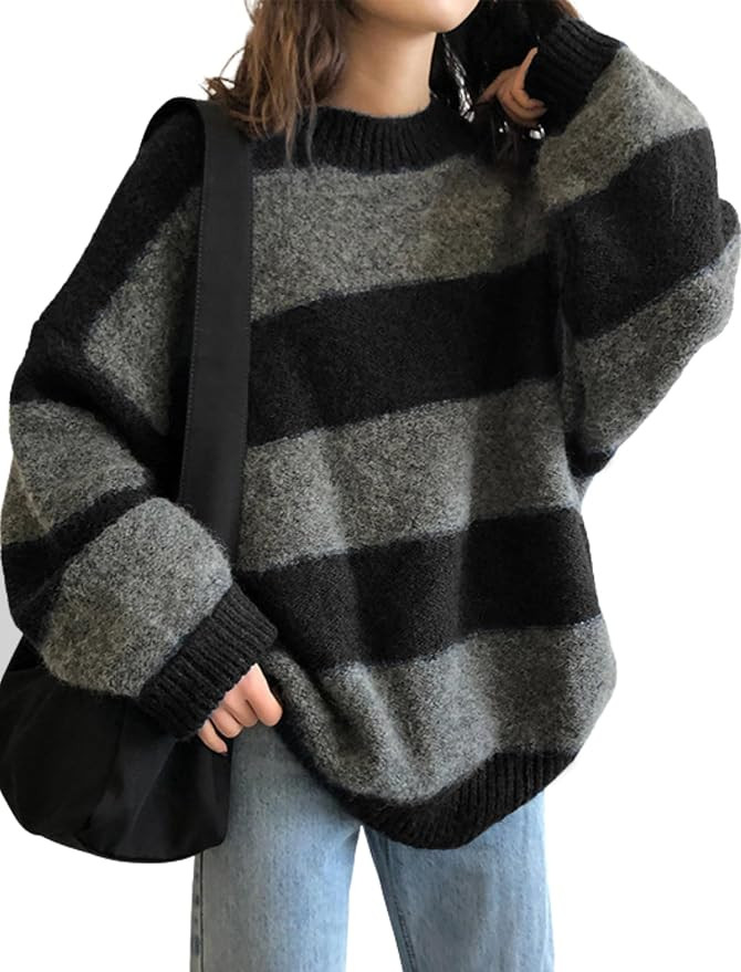 EMMIOL Women's Oversized Striped Sweaters 2025 Fall Trendy Long Sleeve Knit Outfits Crewneck Fash... | Amazon (US)