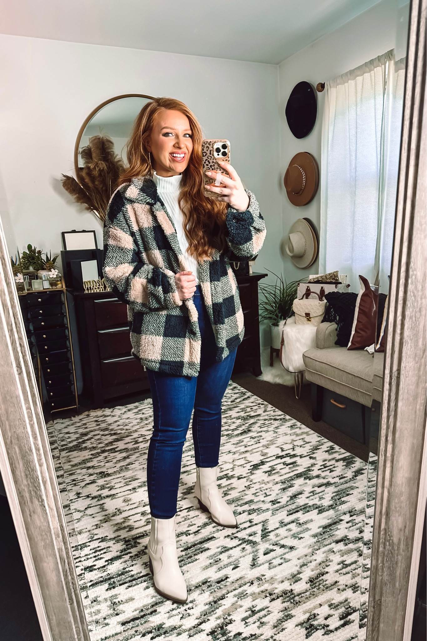 Cute fall fit with fuzzy Sherpa from pink lily. Code: october20 

Sherpa - medium 
White turtleneck- small 
Jeans - 7 (but I need a 5)
Western white booties - tts



#LTKSeasonal #LTKunder50 #LTKstyletip