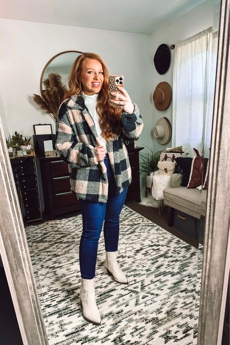 Cute fall fit with fuzzy Sherpa from pink lily. Code: october20 

Sherpa - medium 
White turtleneck- small 
Jeans - 7 (but I need a 5)
Western white booties - tts



#LTKSeasonal #LTKunder50 #LTKstyletip