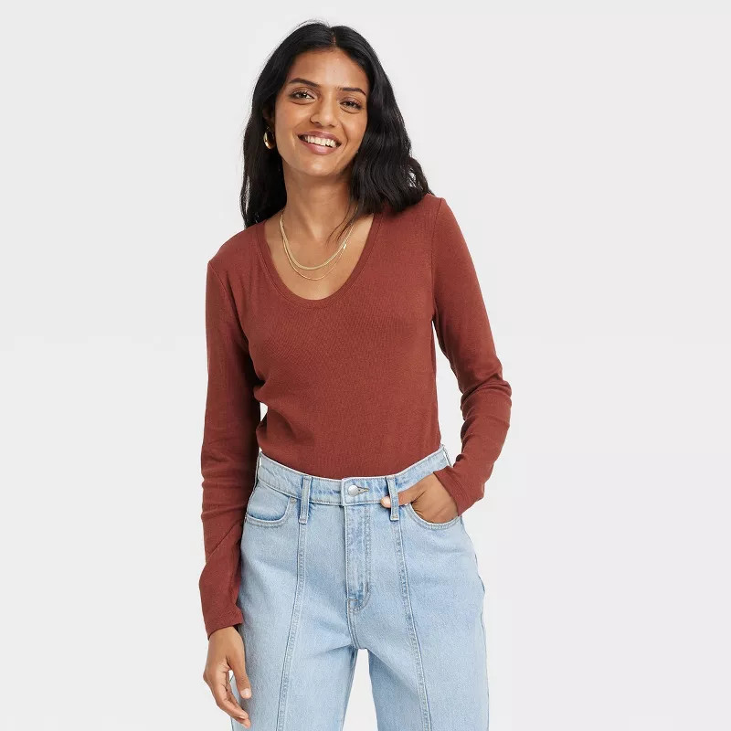 Women's Long Sleeve Ribbed Scoop Neck T-Shirt - A New Day™ | Target