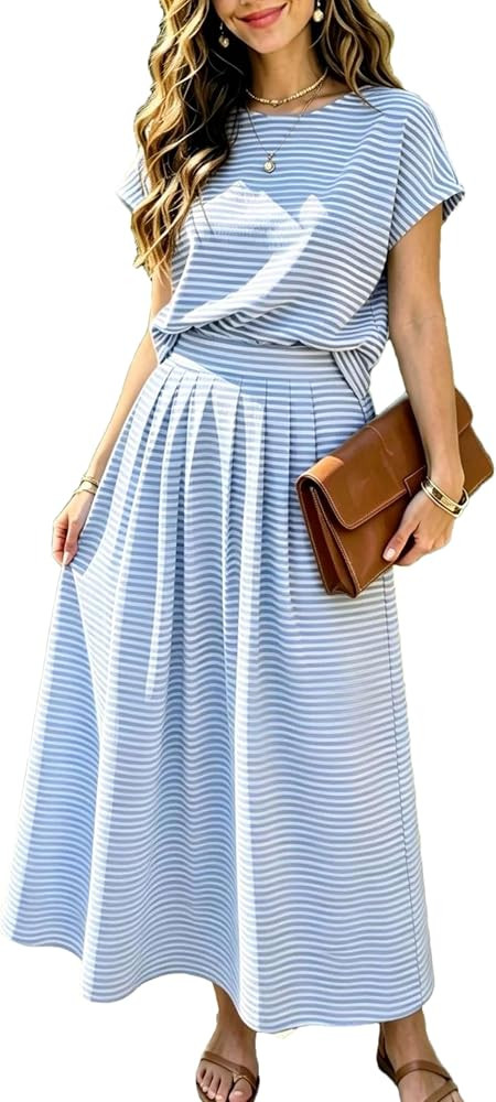 Womens Striped 2 Piece Skirt Sets Cap Sleeve Cropped Top Midi Dress | Amazon (US)