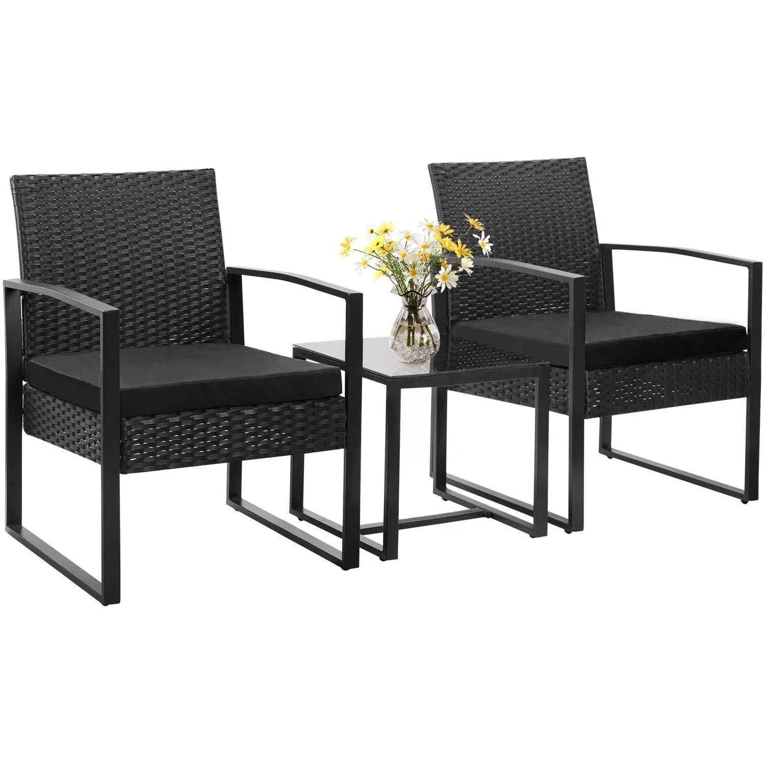 Walnew 3 Pieces Patio Furniture Cushioned PE Rattan Bistro Chairs Set of 2 with Coffee Table, Bla... | Walmart (US)