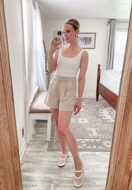 Amazon bodysuit, linen shorts, mesh ballerina flats, summer outfit 

#LTKfindsunder50 #LTKover40 #LTKshoecrush