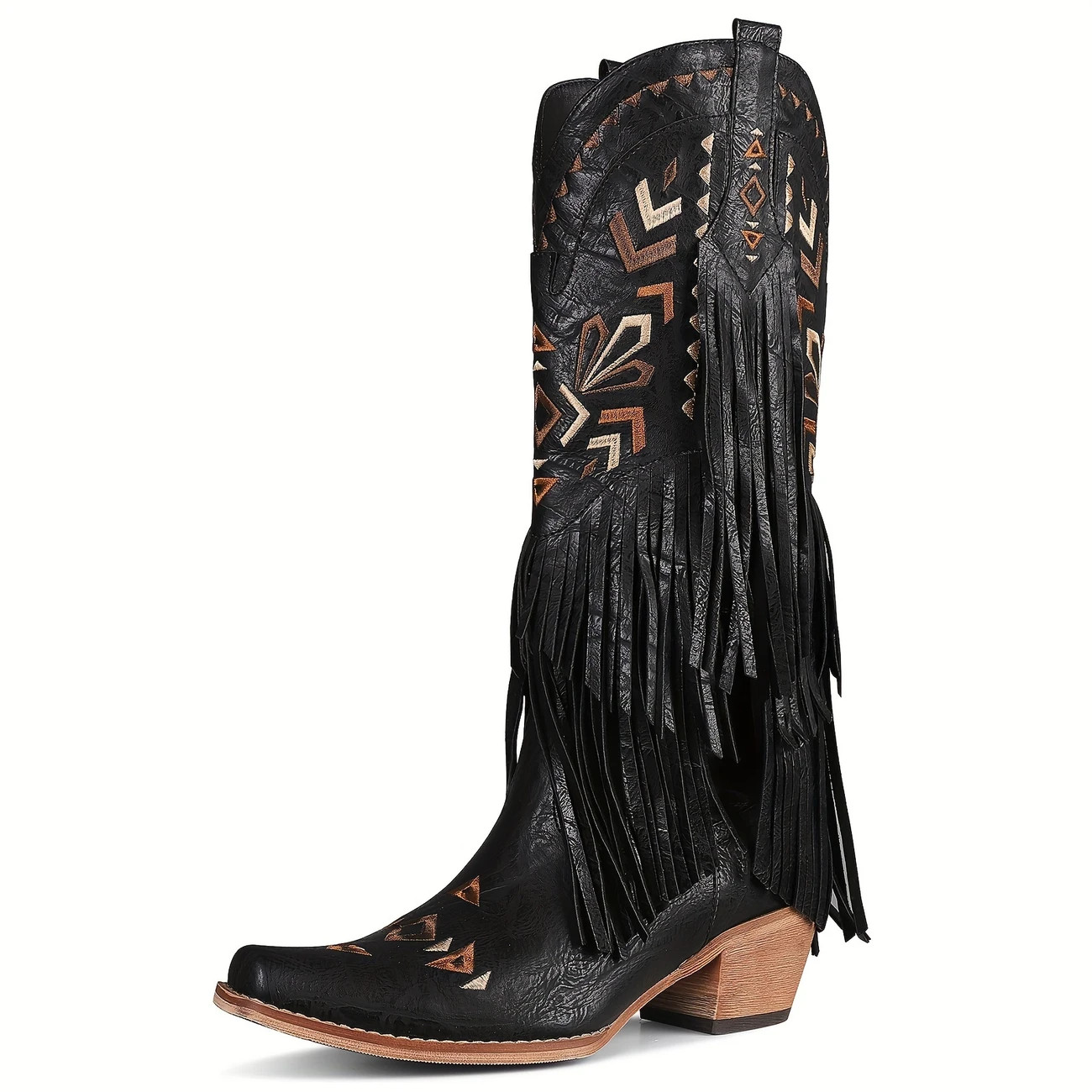 Local warehouseStylish Knee-High Cowboy Boots for Women Featuring Tassels, Embroidery, Almond-Sha... | Temu Affiliate Program