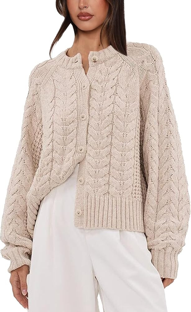 Cable Knit Cardigan for Women Open Front Sweater Casual Loose Long Sleeve Button Outerwear Coats | Amazon (US)