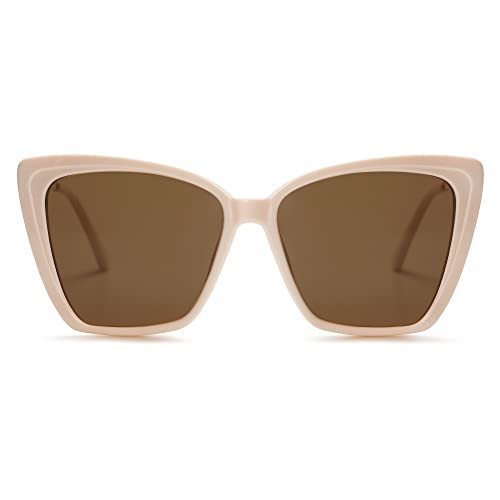 SOJOS Trendy Polarized Sunglasses For Women Retro Womens Oversized Square Cat Eye Sun Glasses UV Protection SJ2206 Light Beige Frame/Brown Lens | Amazon (US)
