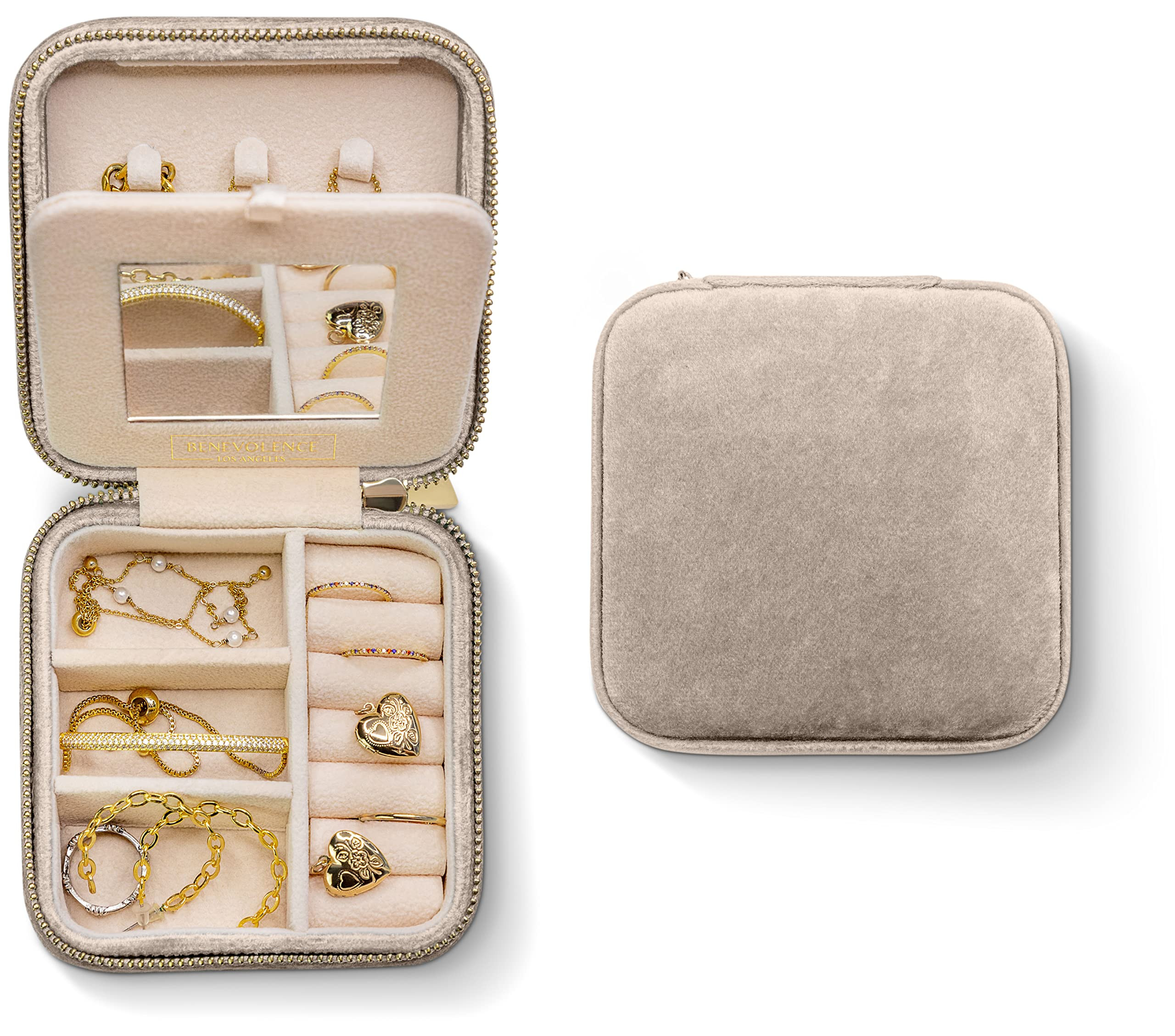 Benevolence LA Plush Velvet Jewelry Box | Travel Jewelry Case Organizer with Mirror | Featured in Oprah's Favorite Things | Best Gifts For Daughter, Girlfriend, Mom | Gifts For Her - Champagne | Amazon (US)