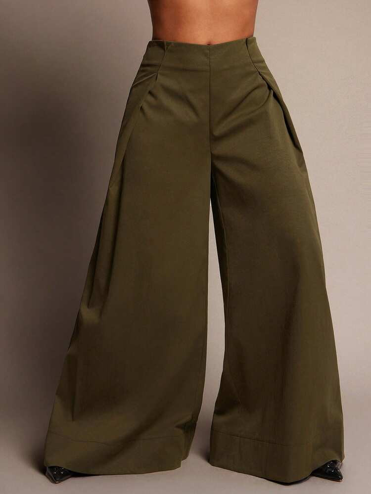 Vixey High Waist Pleated Side Wide Leg Cuffed Office Pants | SHEIN