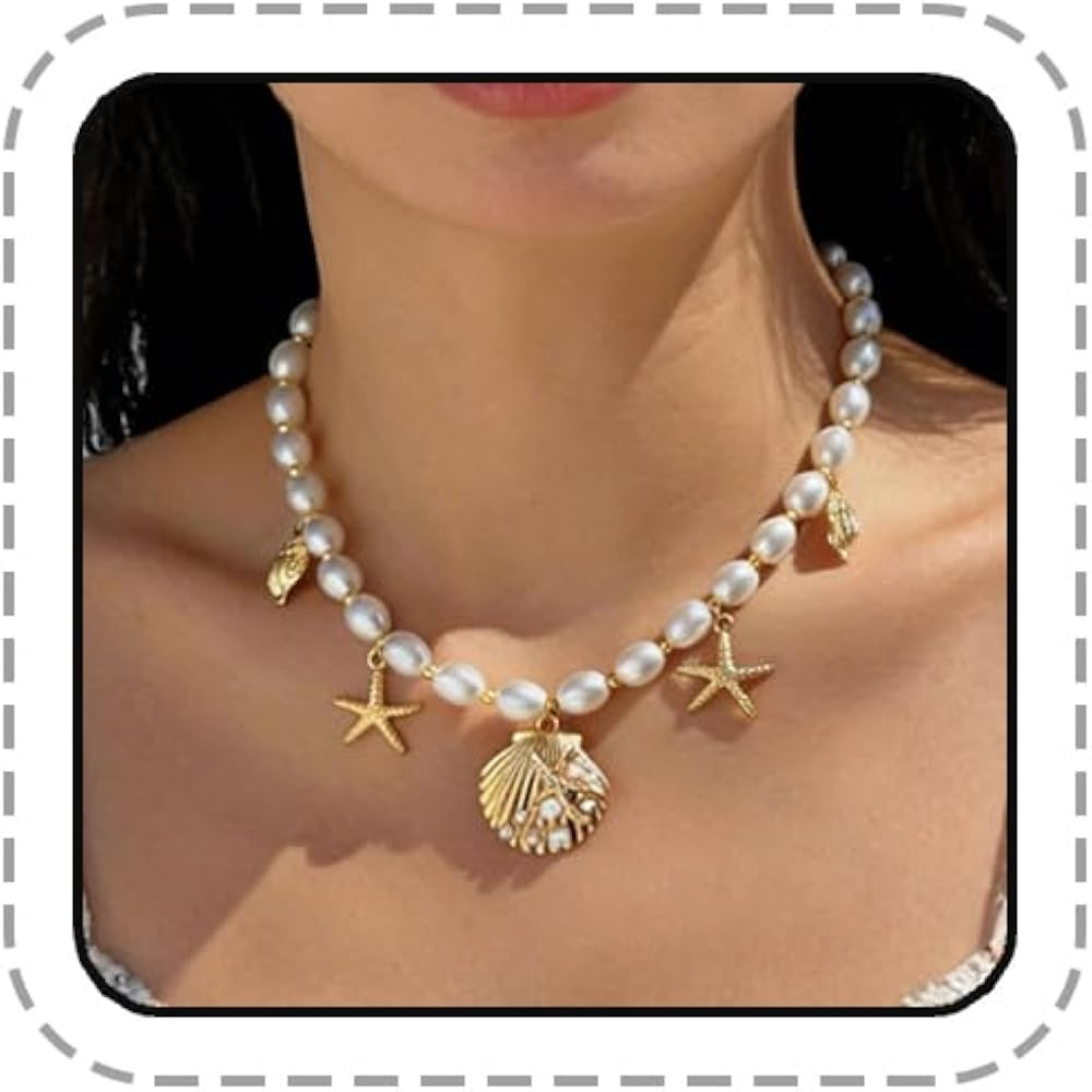 Starfish Necklace for Women Gold Seashell Mermaid Charm Necklace Boho Pearl Seashell Layered Pend... | Amazon (US)