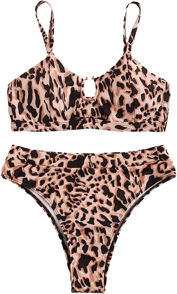 SheIn Women's 2 Pieces Leopard Print Strap Cutout Bra Bottom Bikini Swimwear Set | Amazon (US)