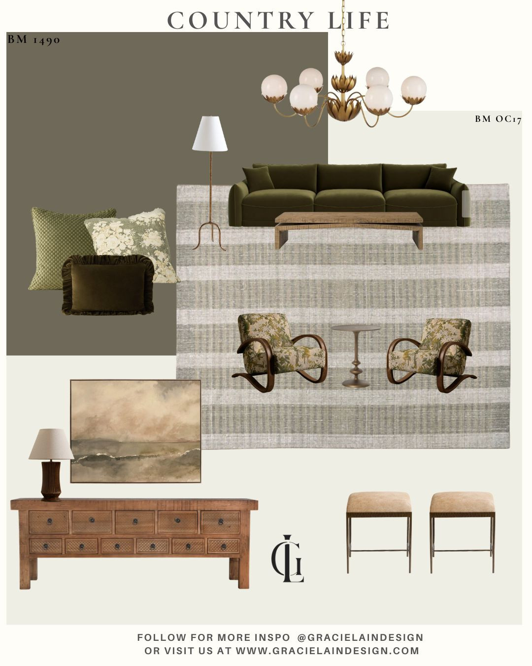 A living room designed for slow moments and easy living 🤍 Benjamin Moore’s Country Life 1490 sets the tone as the jumping-off point, layering olive, brown, and cream for a space that feels grounded, relaxed, and timeless. Warm woods and brass accents add depth, while patterned lounge chairs and a rich velvet sofa bring in texture and quiet luxury. Modern meets rustic. Country meets chic. Neutral, classic, and effortlessly inviting—this is a room made to sit back, unwind, and stay awhile. Explore more of our layered, livable designs at gracielaindesign.com #LivingRoomInspo #BenjaminMoore #CountryLife1490 #NeutralInteriors #LayeredLiving #ModernRustic #CountryChic #WarmNeutrals #ClassicInteriors #BrassAccents #VelvetSofa #InteriorDesignDetails #Gracielaindesign


 

 

#LTKSeasonal #LTKSaleAlert #LTKHome