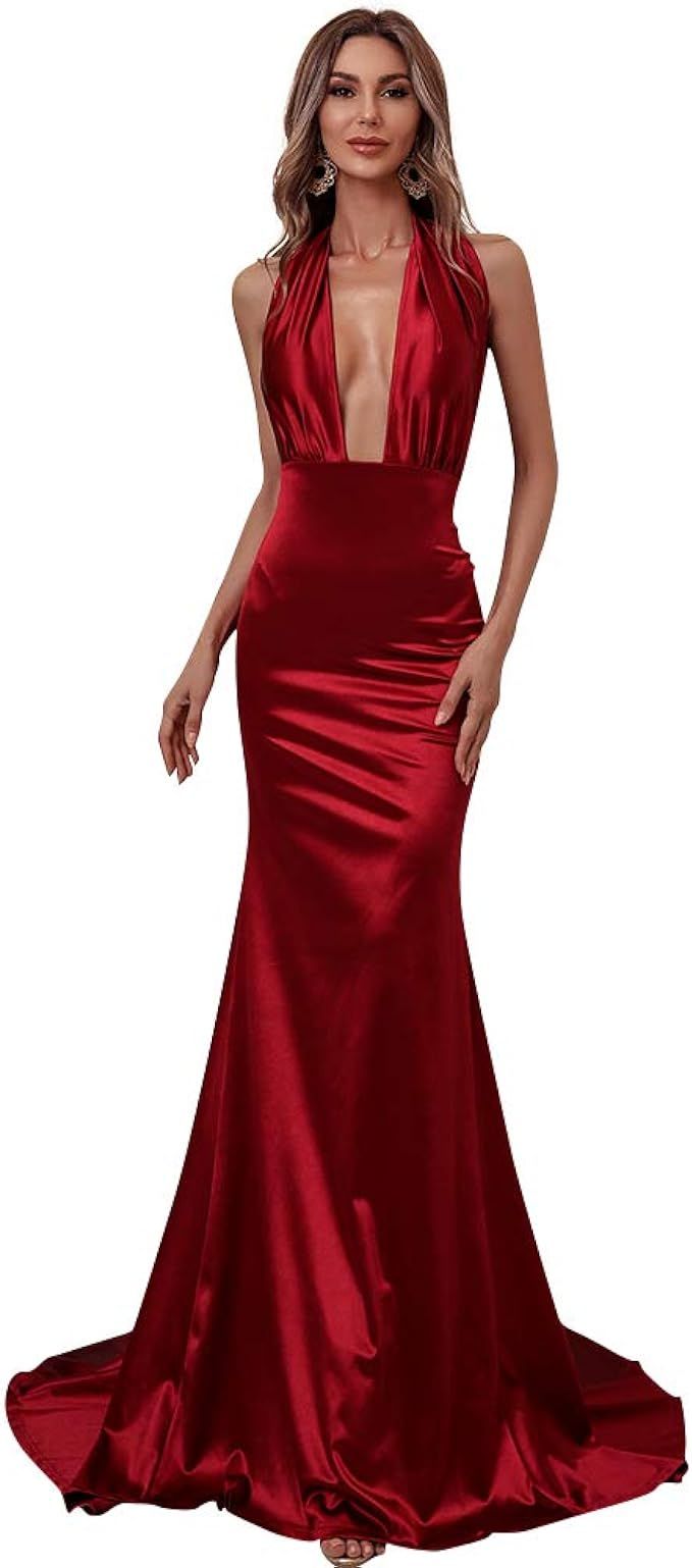 Miss ord Women Sexy V Neck Sleeveless Long Halter Party Dress | Amazon (US)