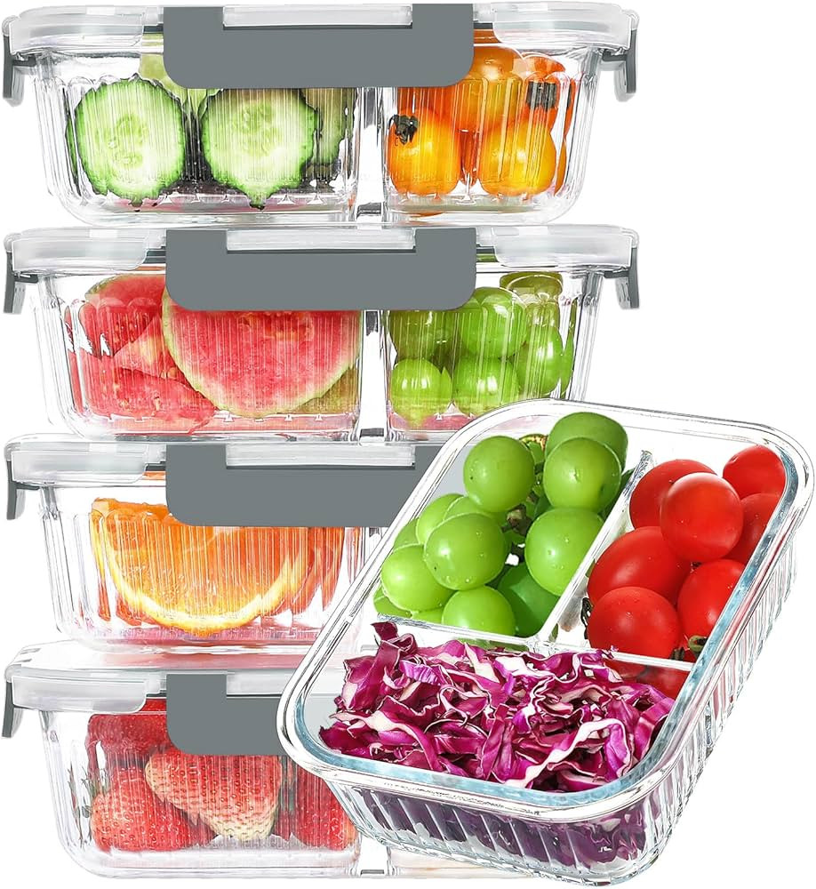 KOMUEE Glass Meal Prep Containers 3 Compartment with lids, 5 Pack 36 oz, Airtight Food Storage Gl... | Amazon (US)