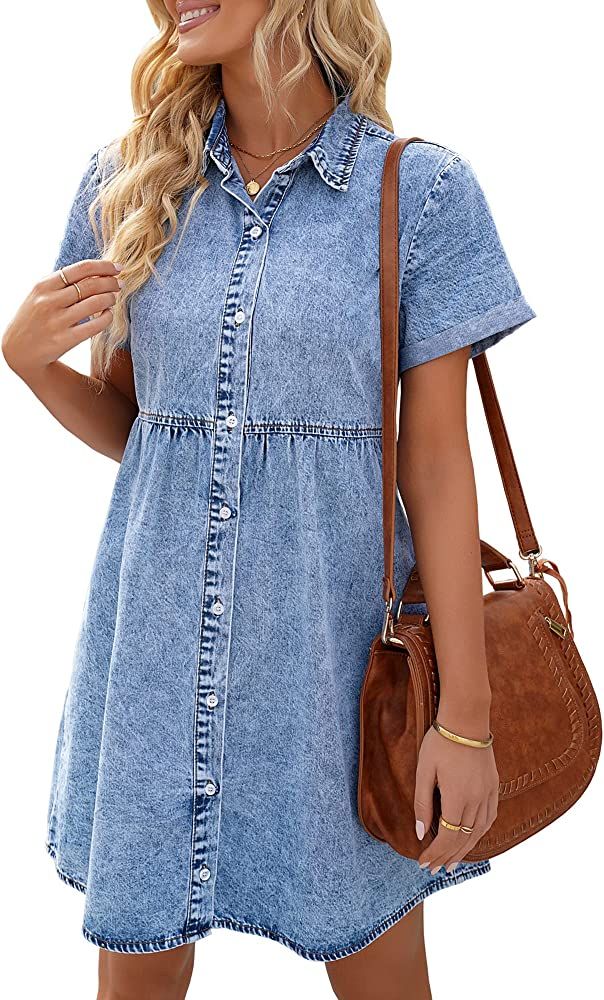 LookbookStore Women's Short Sleeve Button Down Flowy Tiered Babydoll Denim Dress | Amazon (US)