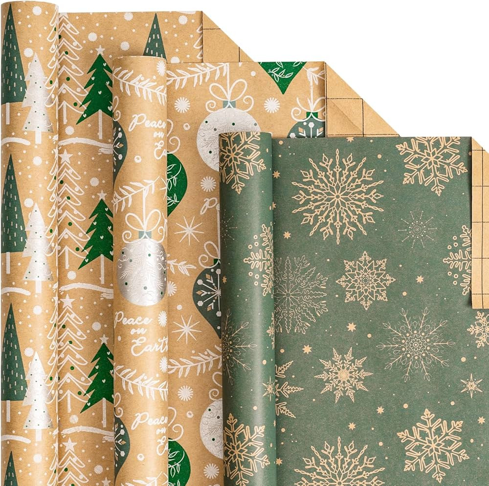 LeZakaa Christmas Kraft Wrapping Paper - Mini Roll - Snowflake/Tree/Decorative Ball for Holiday G... | Amazon (US)
