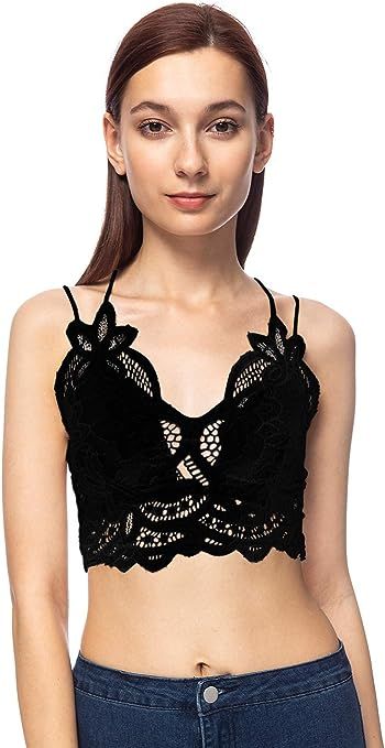 Anna-Kaci Women's Floral Crochet Lace Spaghetti Strap Bralette Crop Bikini Top | Amazon (US)