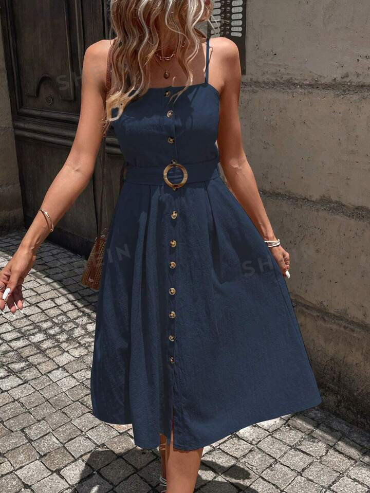 SHEIN Essnce Button Front Belted Cami Dress | SHEIN