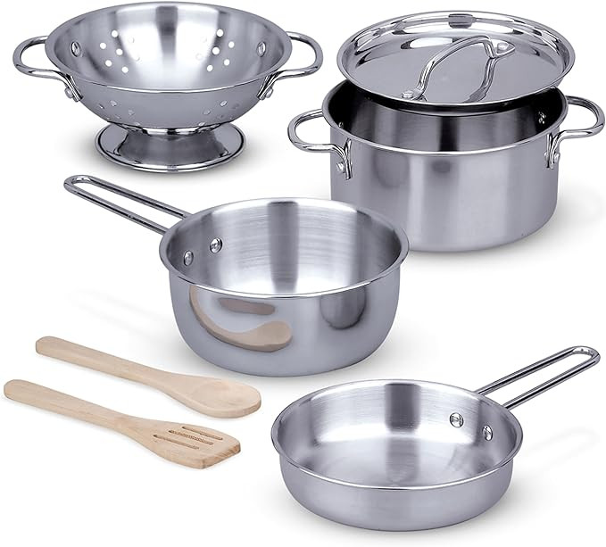 Melissa &amp; Doug Stainless Steel Pots &amp; Pans, 8 Piece Play Kitchen Set, Premium Play Kitchen Access... | Amazon (US)