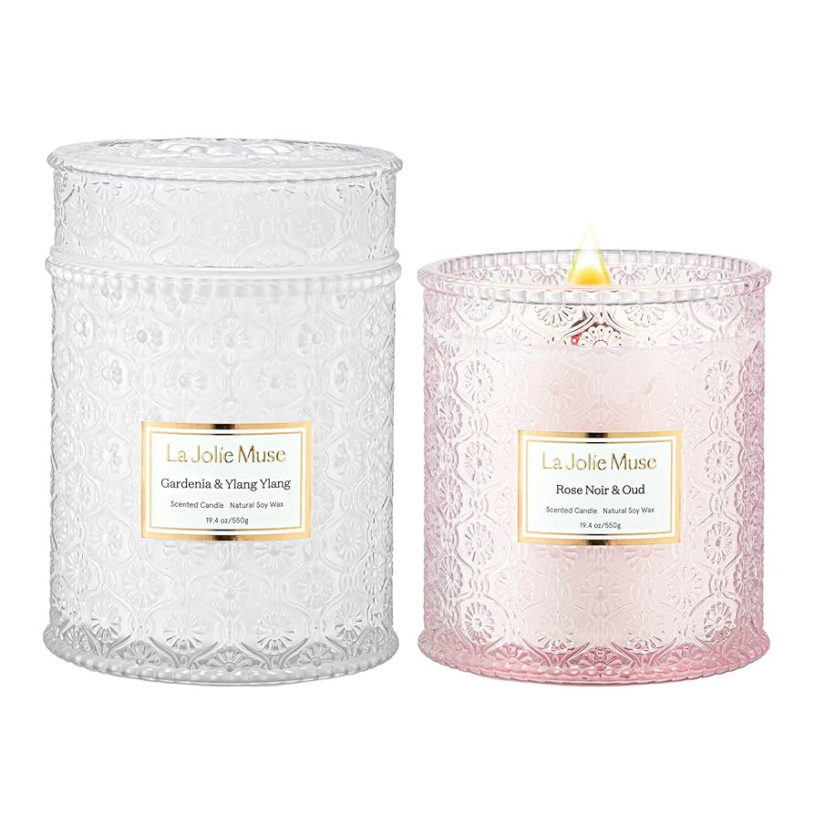 LA JOLIE MUSE Large Wood Wick Candle Set - Rose Noir & Oud, Gardenia & Ylang Ylang, 90 Hour Burn ... | Amazon (US)