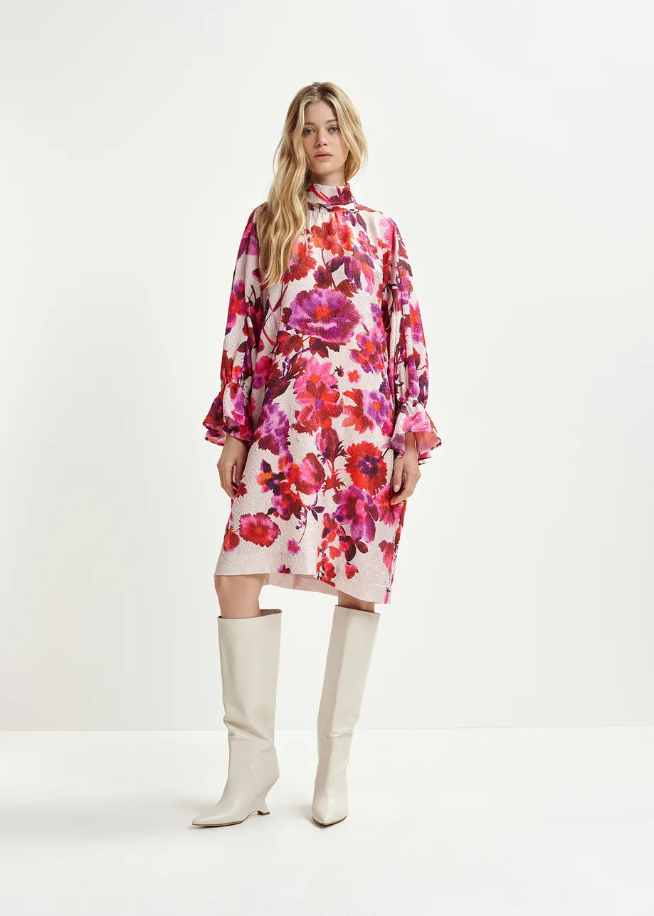 Off-white, pink and purple mini dress with stand-up collar | Essentiel Antwerp United States | Essentiel Antwerp