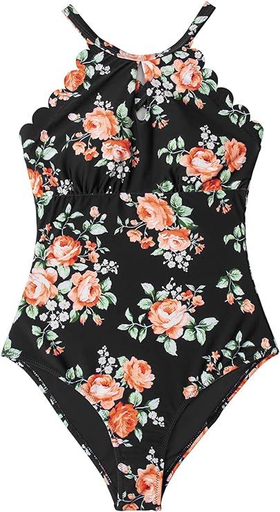 CUPSHE Women's One Piece Swimsuit Floral Print High Neck Scallop Bathing Suit | Amazon (US)