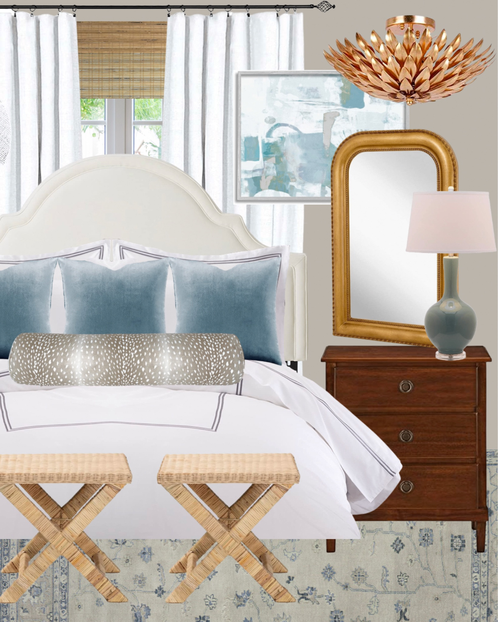 Light and airy bedroom inspiration ✨ love these gold accents!

Bedroom, primary bedroom, guest room, bright bedroom, modern bedroom, traditional bedroom, neutral bedroom, budget friendly bedroom, abstract art, gold mirror, woven ottoman, bamboo shades, nightstand, upholstered headboard 

#LTKstyletip #LTKunder100 #LTKhome