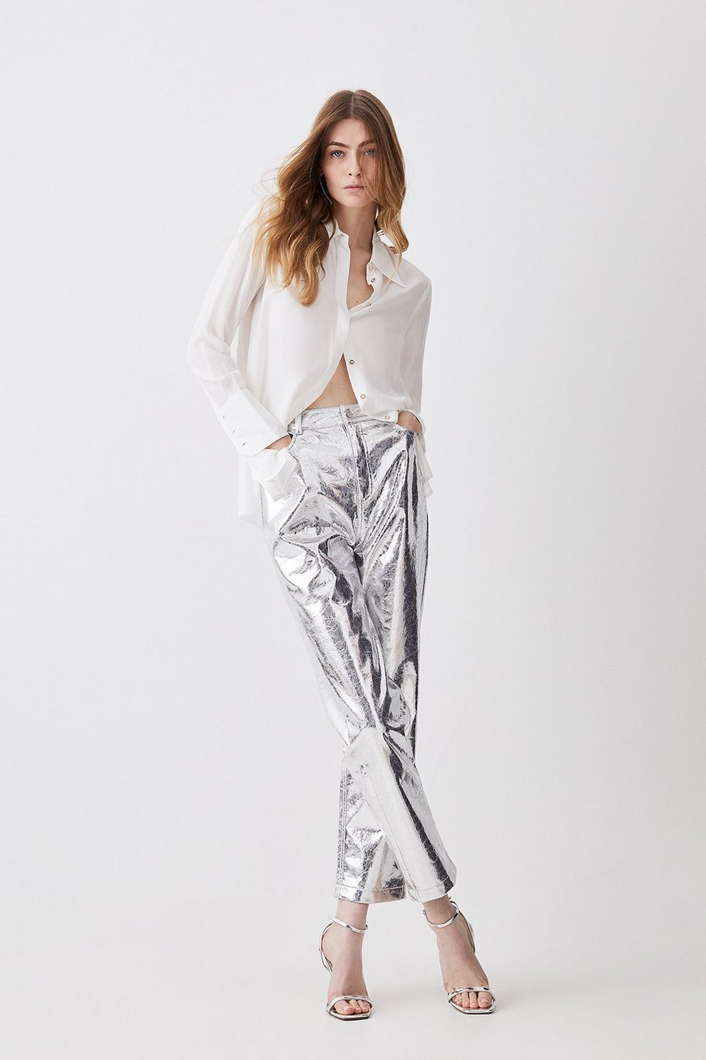 Metallic Faux Leather Tailored Straight Leg Trouser | Karen Millen UK + IE + DE + NL