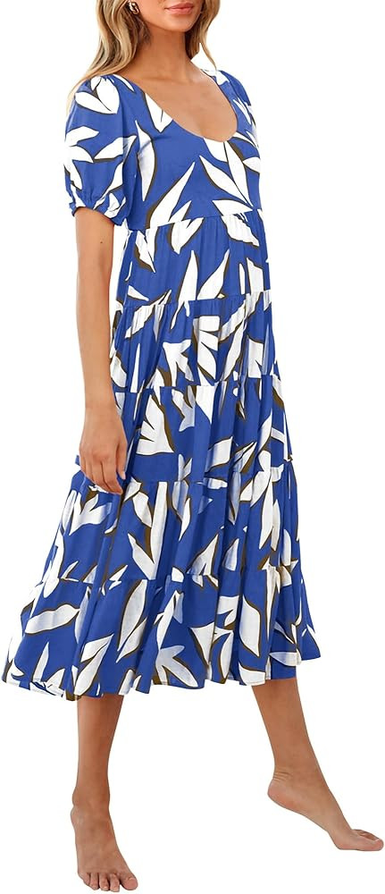 BTFBM Casual Women Summer Dresses 2024 Puff Sleeve Floral Maxi Dresses Smocked Backless Flowy Tie... | Amazon (US)