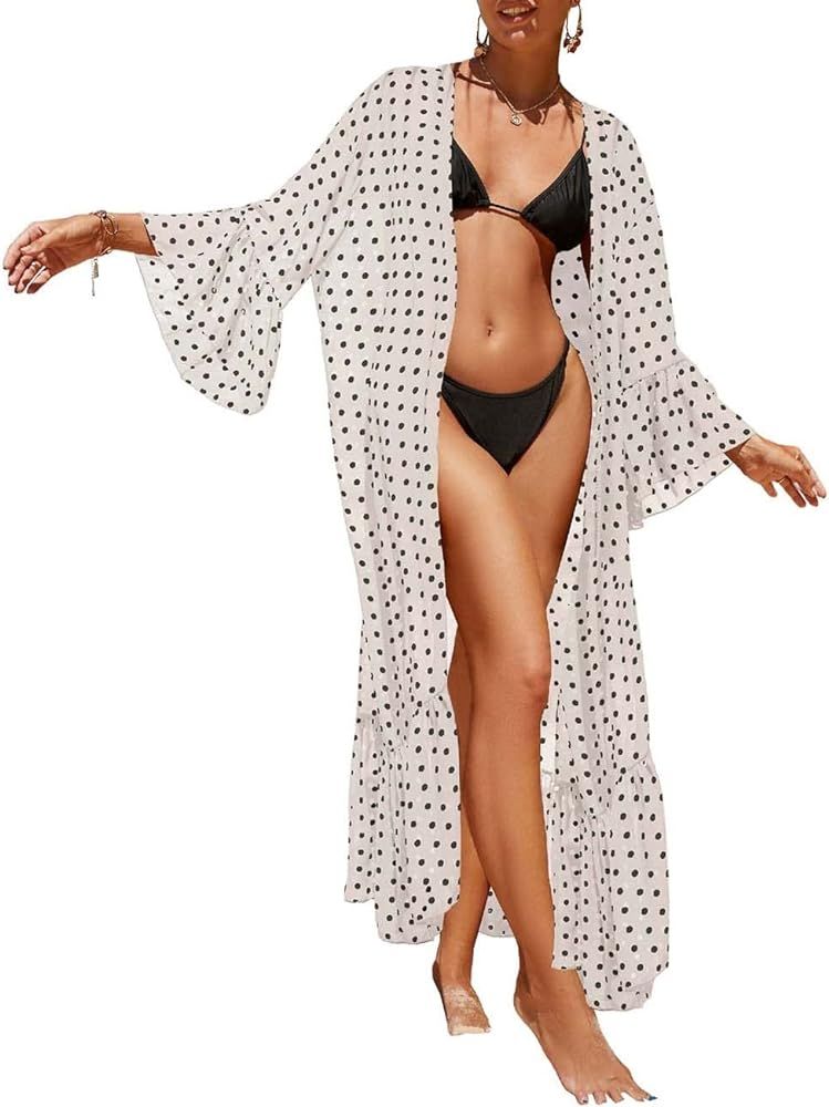 Bsubseach Women Chiffon Dot Print Beach Kimono Cardigan Long Bathing Suit Cover Up | Amazon (US)