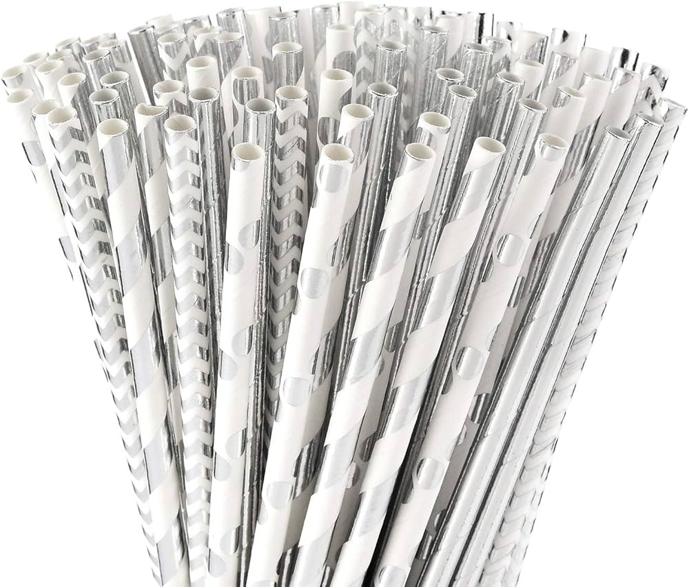 ALINK Foil Silver Paper Straws Bulk, Pack of 100 Metallic Striped/Wave/Dots Straws for Birthday, ... | Amazon (US)