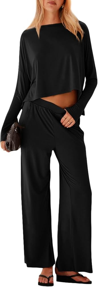 UNIANKIYA Womens 2 Piece Lounge Set Long Sleeve Oversized Crop Tops and Wide Leg Pants with Pocke... | Amazon (US)