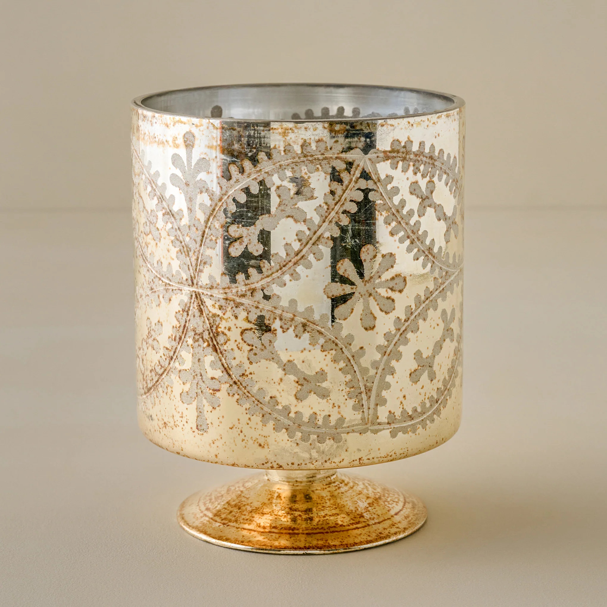 Burnished Mercury Glass Floral Hurricane | Magnolia