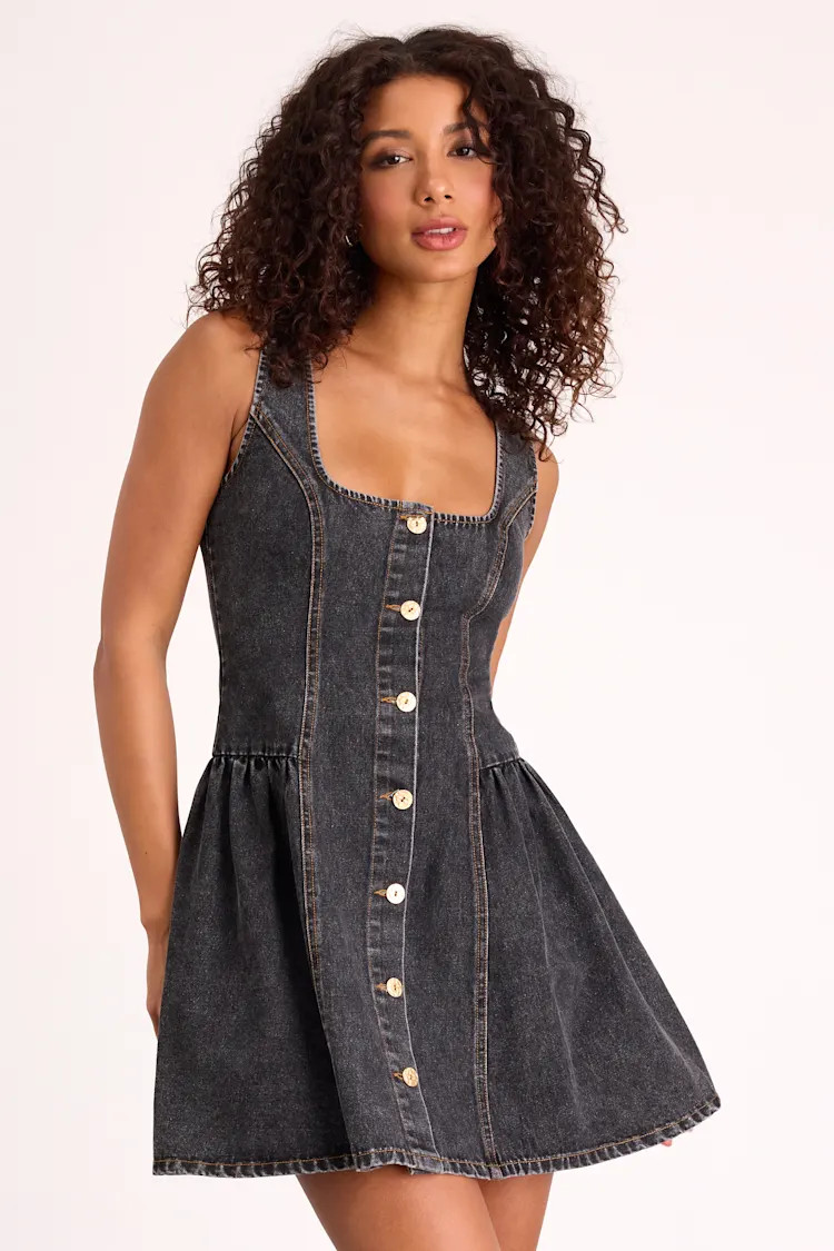 Prinsley Washed Black Denim Button-Front Mini Dress | Lulus