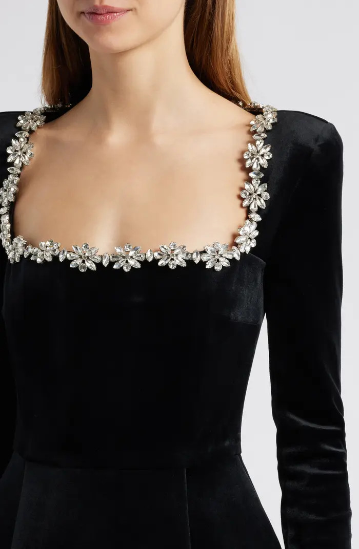 NADINE MERABI Kimberly Long Sleeve Embellished Velvet Minidress in Black at Nordstrom, Size 10 | Nordstrom