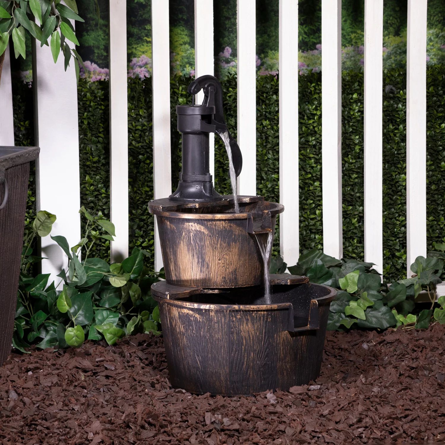 Alpine Corporation 27" Two-Tier Barrel & Pump Outdoor Fountain, Bronze | Walmart (US)