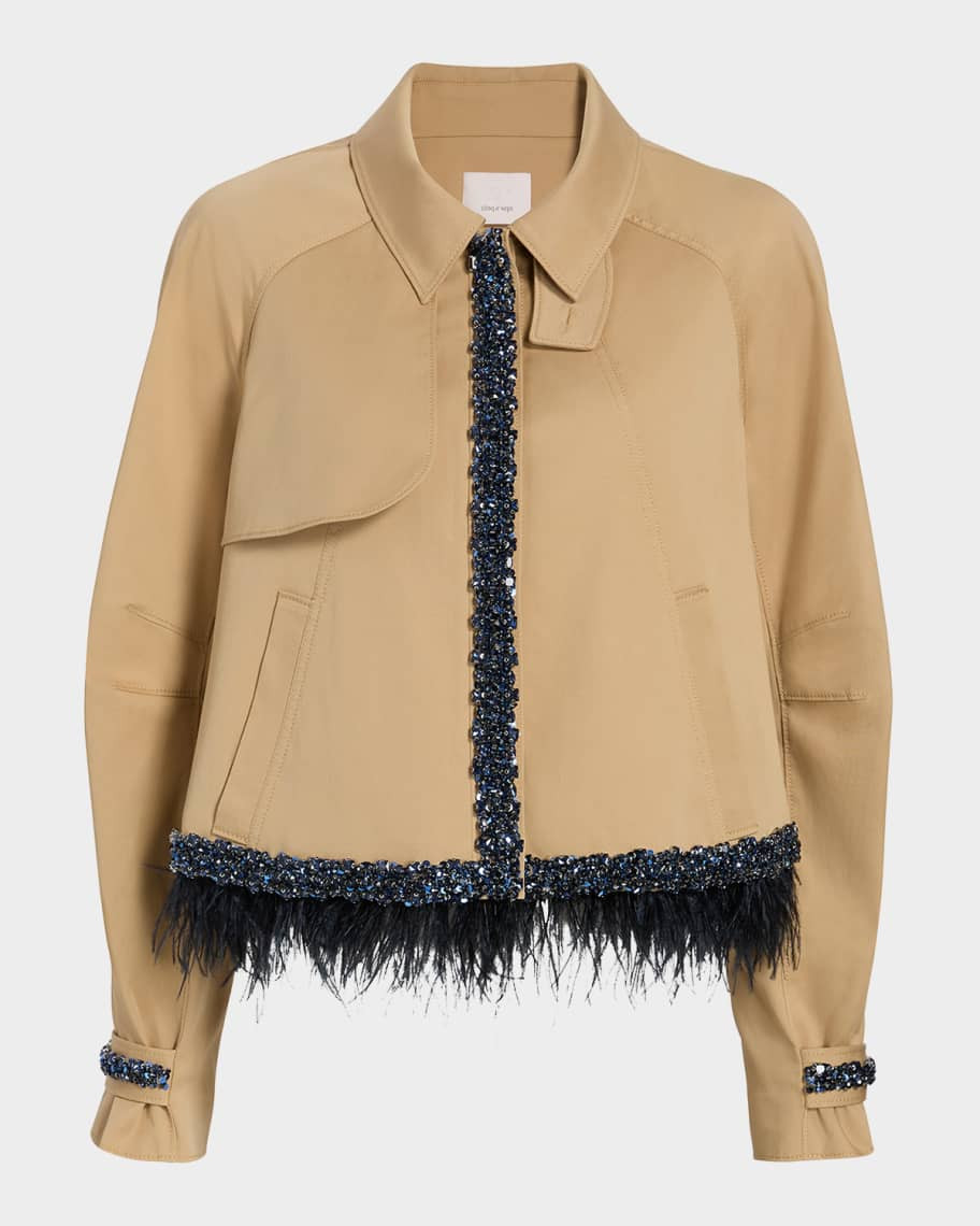 Cinq a Sept Carmila Embellished Feather-Trim Swing Jacket | Neiman Marcus