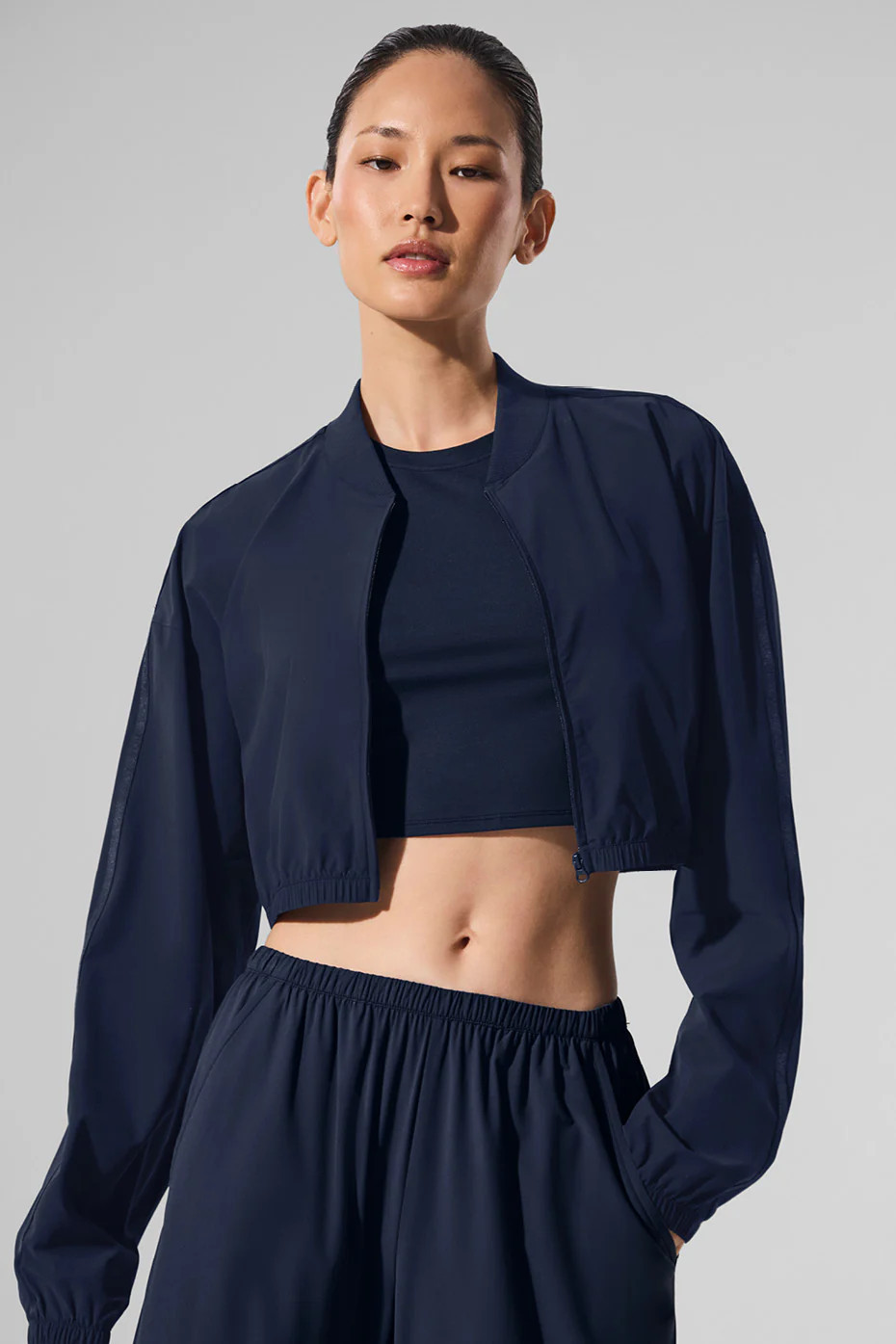 Alo Yoga� | Cropped Breezy Full-Zip Cover Up Sweatshirt in Navy Blue, Size: XS | Alo Yoga (US)