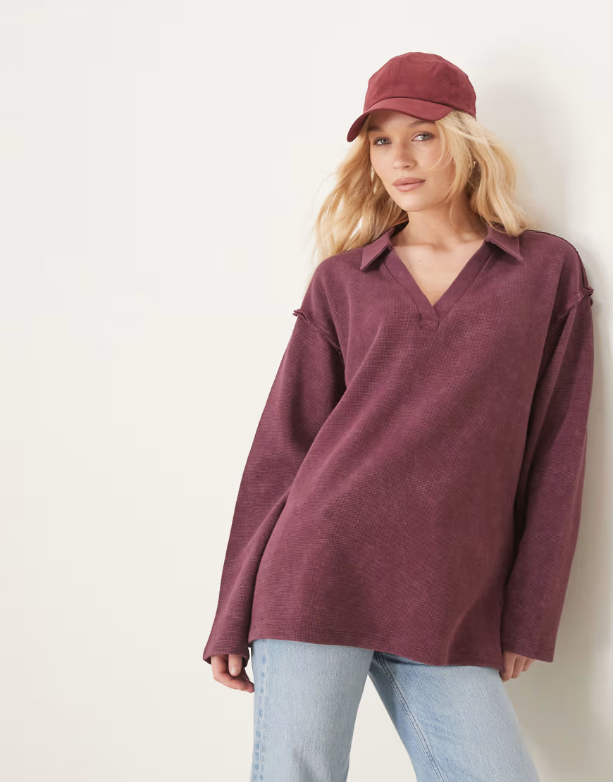 ASOS DESIGN waffle v neck rugby top in washed burgundy-Red | ASOS (Global)