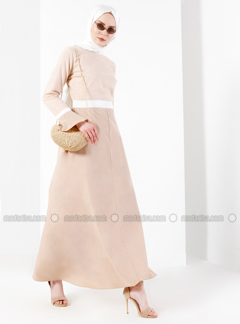 Beige - Col rond - Tissu doublé - Robe - Refka | Modanisa FR