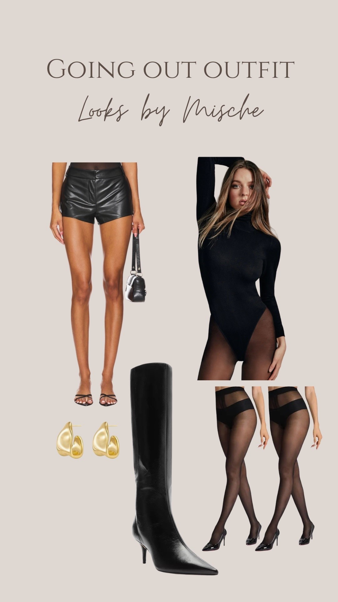 Love this going out look! Classy and sexy with sheer black tights and a long sleeve turtleneck bodysuit. Pair with statement gold earrings and heeled boots ✨