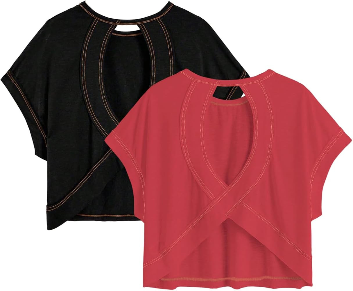 RoseSeek Girl's 2 Packs Open Back Backless Tops Criss Cross Short Sleeve T Shirts Crewneck Casual... | Amazon (US)